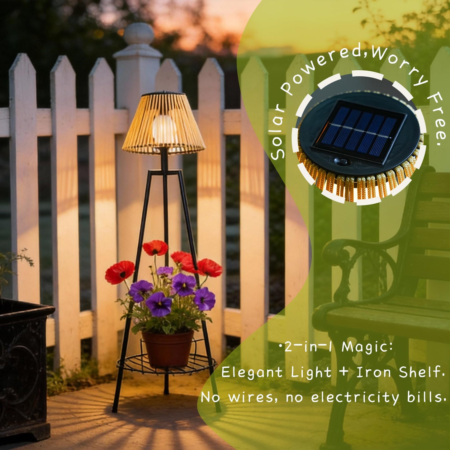 DJGIFI 2 Pack Outdoor Solar Floor Lamp, 36'' Solar Lights Outdoor Waterproof with Plant Stand, Dusk to Dawn, Warm Yellow Light, Black Metal Stand for Deck Porch Patio Garden Decor