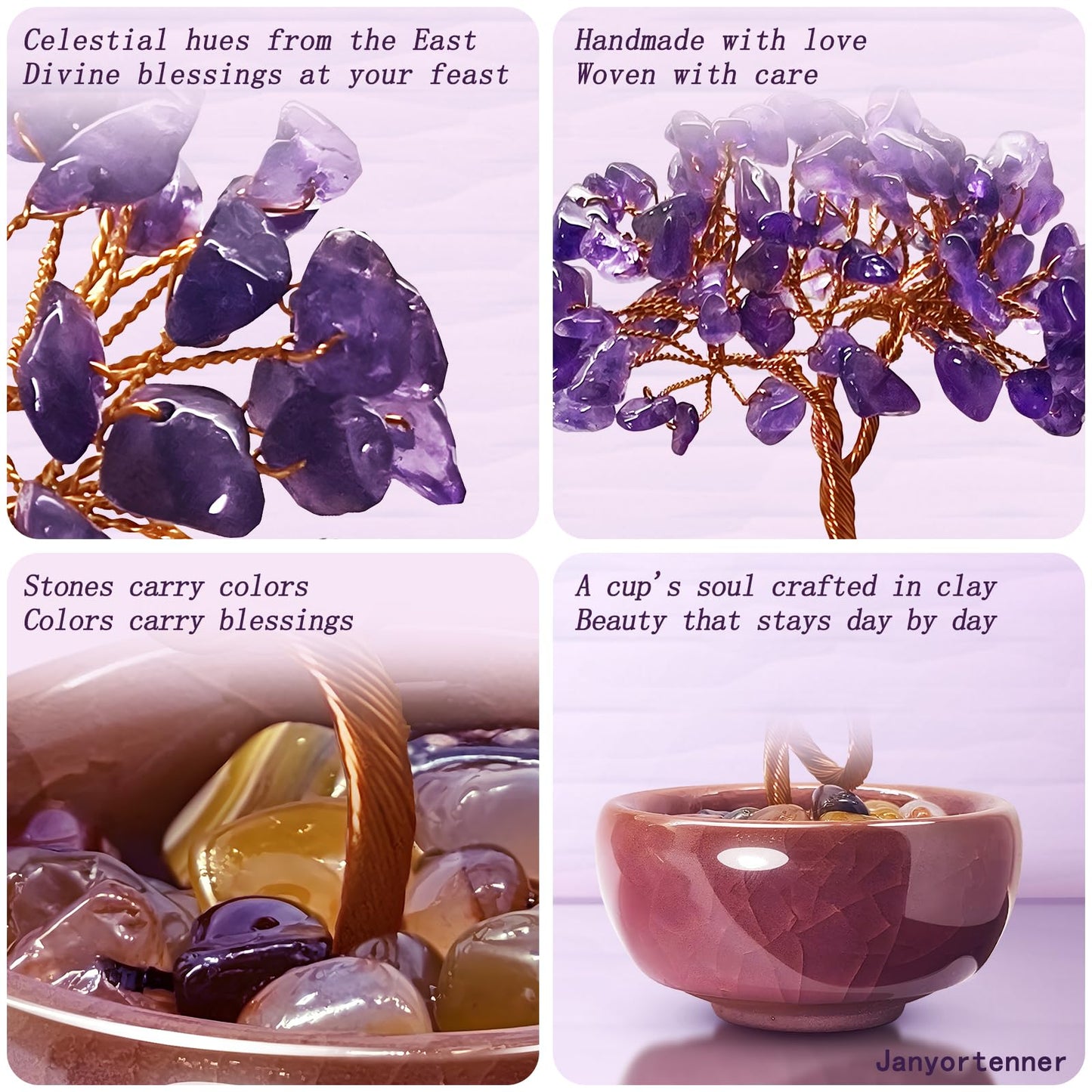 Janyortrenner Mini Amethyst Crystals Tree of Life,Mystical Energy Home Office Desk Decor,Handmade Crystal with Copper Wire and Crackle Glaze Base,Spiritual Gift
