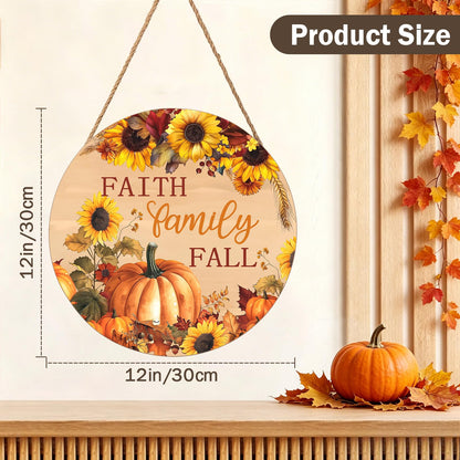 Faith Family Fall Front Door Sign Fall Sunflower Pumpkin Door Decorations Wood Sign Autumn Harvest Wreath Door Hanger Farmhouse Fall Plaques Wall Hanging Decoration for Home Proch Yard 12"x12"