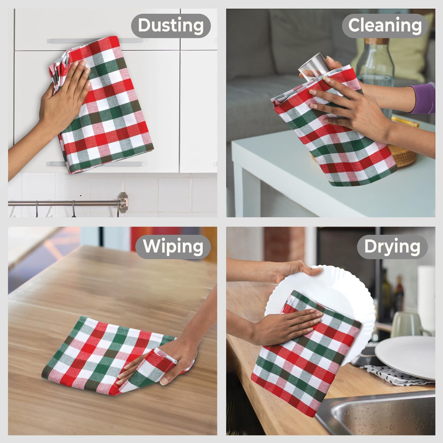 Urban Villa Christmas Kitchen Towels 100% Cotton Dish Towels for Kitchen (Set of 6) 20”x30” Dish Cloths Absorbent Kitchen Linen Set with Hanging Loop Perfect for Drying Dishes Cleaning – X MAS Checks