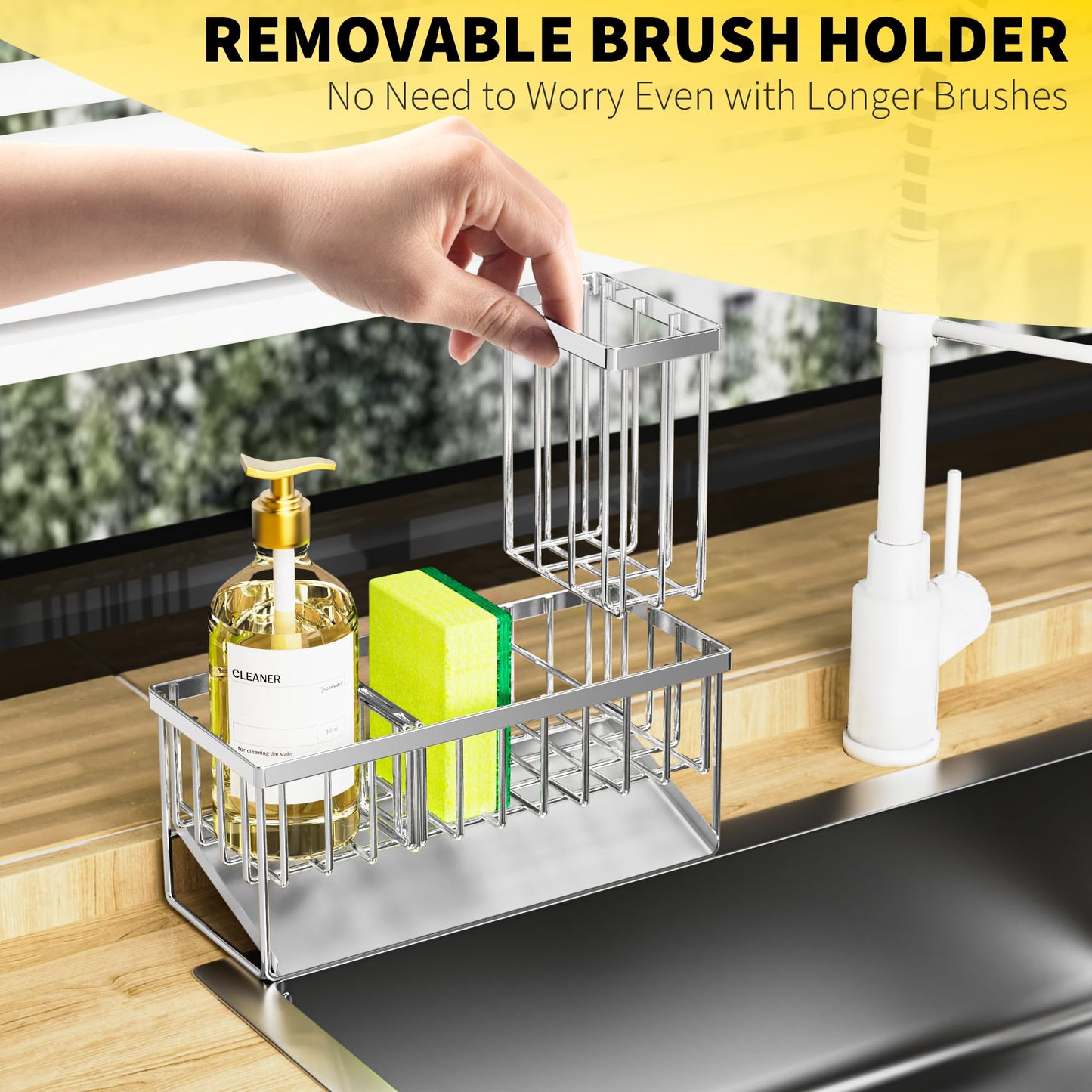 Cisily Kitchen Sink Caddy Organzier with High Brush Holder, Sponge Holder for Sink, 304 Rustproof Stainless, Kitchen Countertop Soap Dispenser Organizer, Kitchen Decor and Accessories