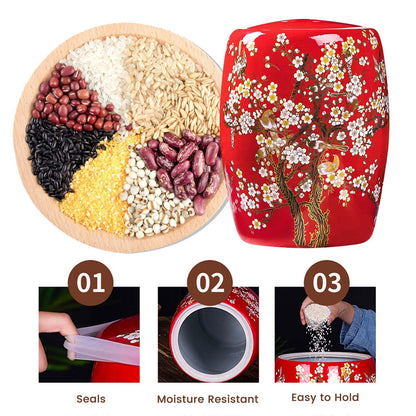 Large Ceramic Jar For Rice Ceramic Rice Bucket Ceramic Rice And Grain Storage Container With Lid Rice Containe Rice Storage Bins Rice Storage Box for Flour/Coffee/Nuts/Tea Moisture-Proof(Red,Capacity: