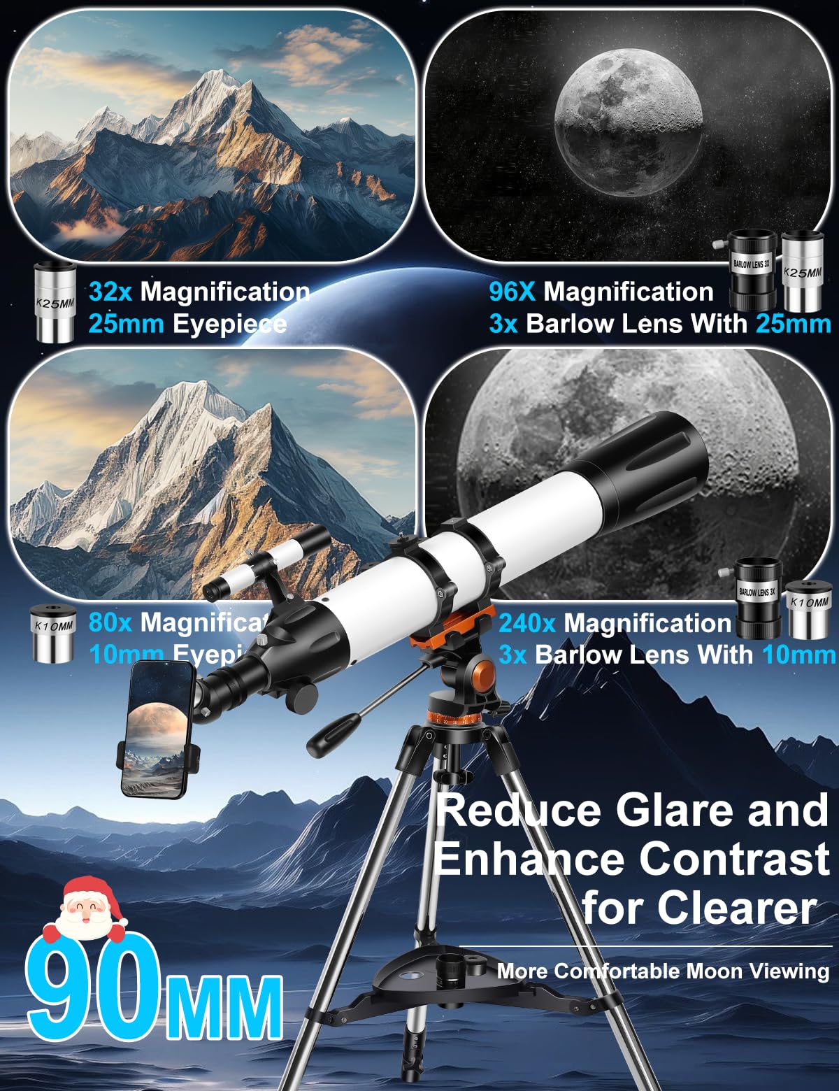 Uonol Telescope for Adults High Powered 90mm Aperture 800mm (32X-240X), Refractor Telescopes for Astronomy Beginners with AZ Mount Tripod, Phone Adapter, Carry Bag (80090white)