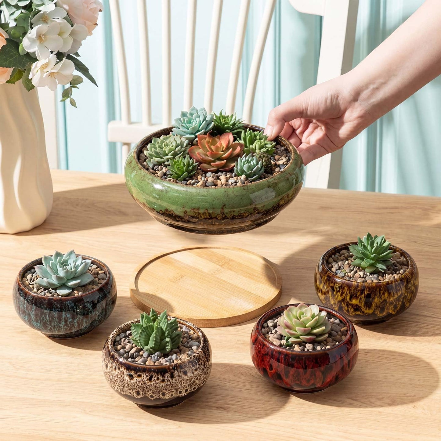 Acellegic 5 Pcs 7.3'' and 4'' Round Large Shallow Succulent Ceramic Planter Pots with Drainage Hole Drip Glazed Shallow Bonsai Pot with Bamboo Tray for Indoor Outdoor Plants Decor Cactus Flower