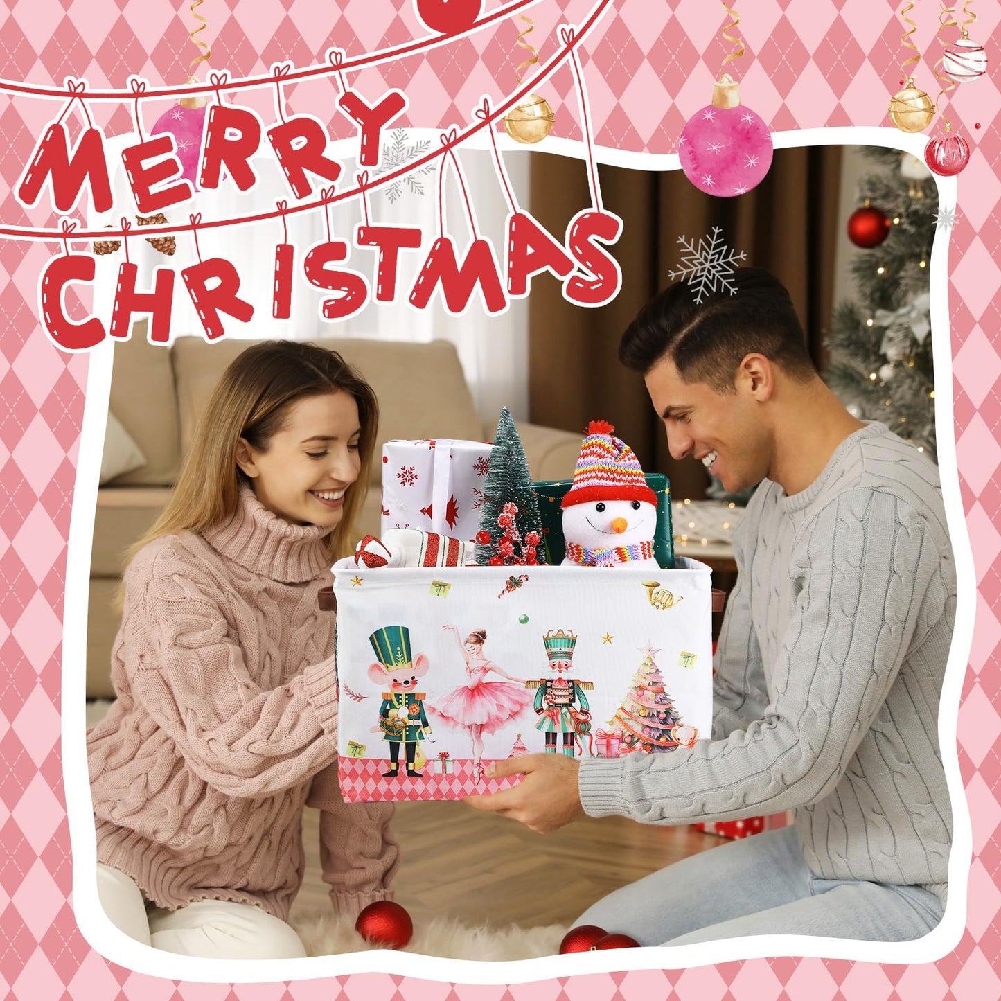 Geelin 4 Pcs Large Christmas Basket for Gifts Empty 15 x 11 x 9.5 Inch Xmas Storage Basket with Handles Collapsible Storage Bin Rectangle Laundry Organizer for Office Home Bedroom Cloth Toy(Pink)