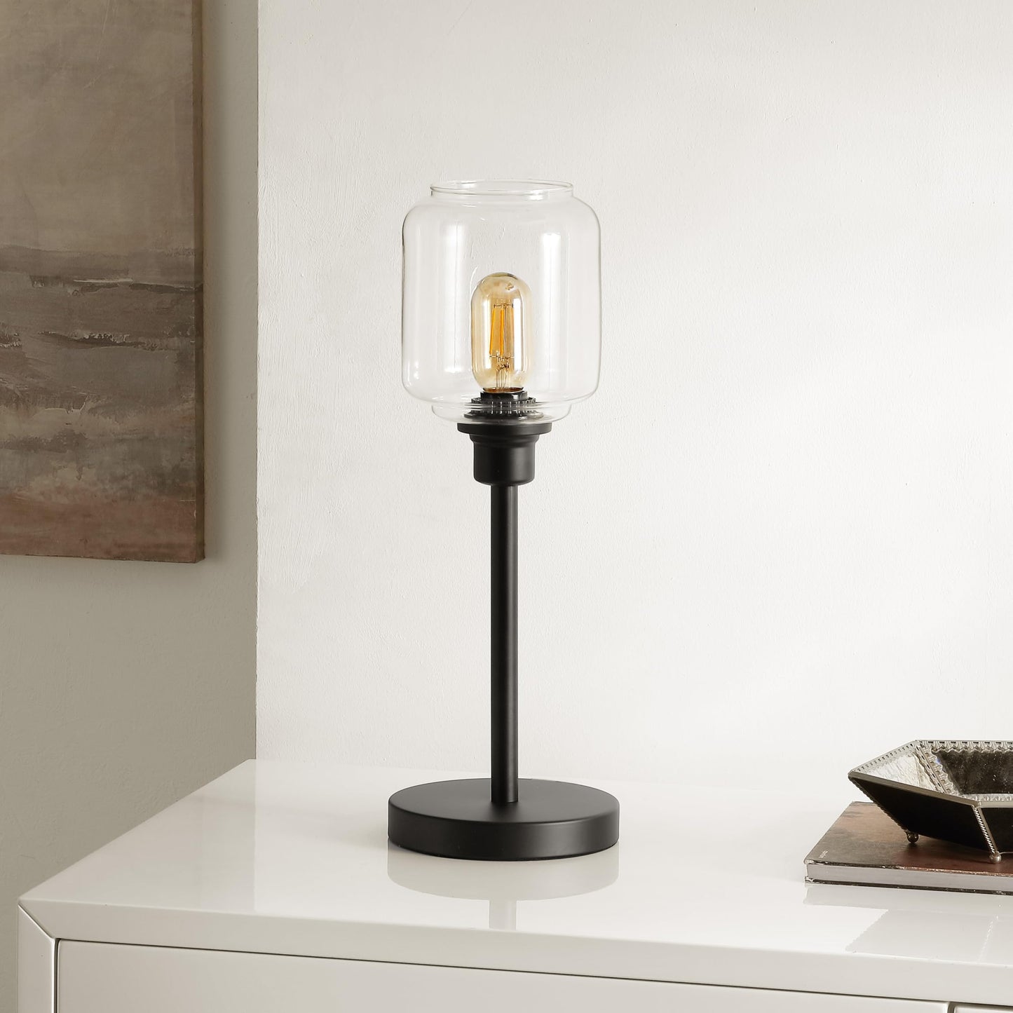 SAFAVIEH Lighting Collection Seyi Black/Clear Glass Shade 19-inch Table Lamp, Ideal for Living Room, Bedroom, Nightstand, Home Office, Dorm (LED Bulb Included)