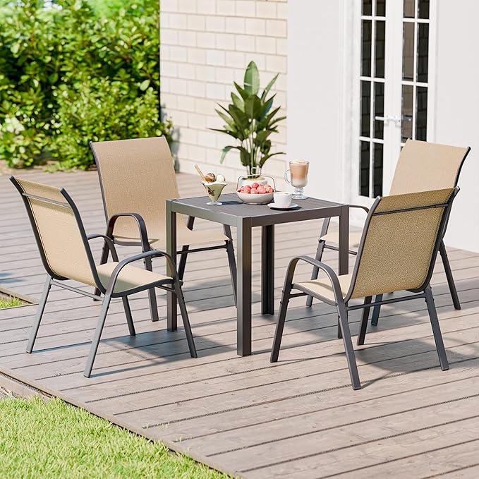 Betterhood Patio Chairs Set of 6, Stackable Outdoor Dining Chairs Set with Breathable Seat Fabric, All-Weather Powder-Coated Metal Frame for Deck, Pool Side and Backyard, 350LBS Capacity (Khaki)