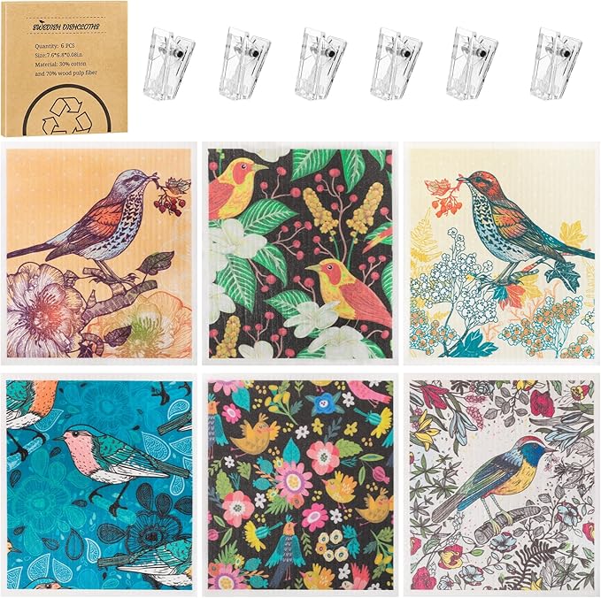 6 Pack Swedish Dishcloths for Kitchen, Swedish Rags Absorbent Retro Bird Dish