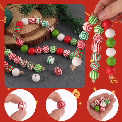 180 Pcs Christmas Wooden Beads Xmas Red Green Round Wood Beads Peppermint Candy Canes Crafts for DIY Garland Jewelry Making Party Tree Hanging Home