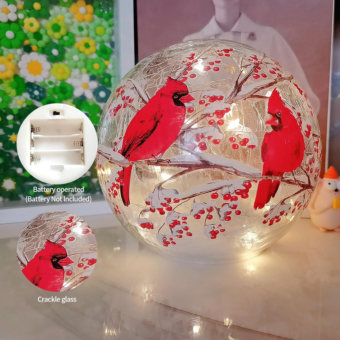 BERSCAH Glass Ball Light Crackle LED Night Light Red Bird Pattern Battery Operated Light Tabletop Decorative Sphere Lamp LED Orb Table Lamp for Outdoor Living-Room Pathway Patio Yard Lawn Bedroom