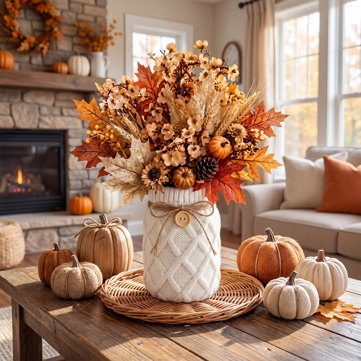 Newtay Fall Table Centerpiece 2 Pieces Mason Jar Vase with White Sweater Cove 17 oz Glass Flower Vase Rustic Autumn Farmhouse Table Decoration with Knit Bow and Button, Cozy Home Decoration