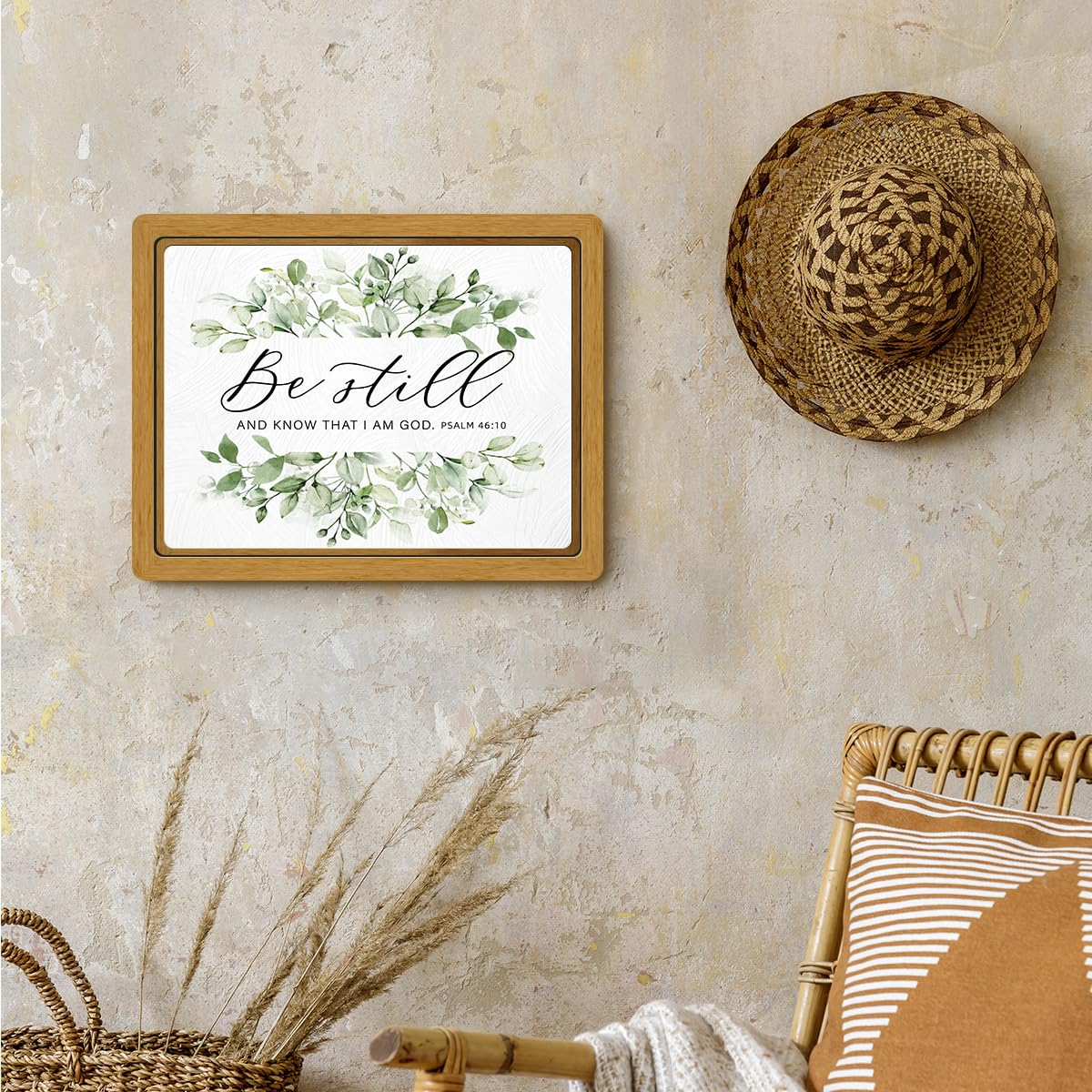 BIWSHA Rustic Farmhouse Christian Bible Verses Wall Art Decor, Inspirational Botanical Sage Green Wooden Framed Wall Hanging Art Decor for Home Office Bedroom, Be Still PSALM 46, 12x9.4in