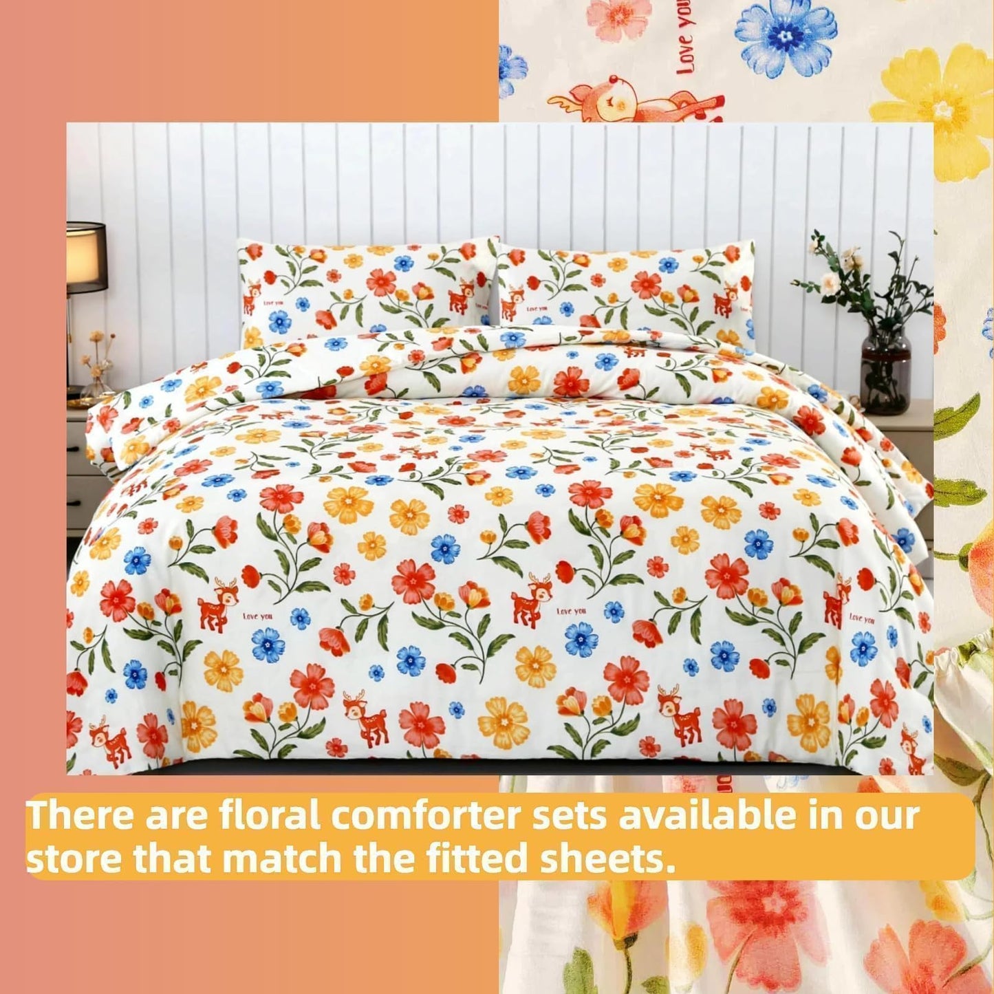 SDIII Reindeer and Floral Twin Fitted Sheet with 2 Pillowcases, Deep Pocket Soft Microfiber Fawn and Floral Sheet Twin Size All Season