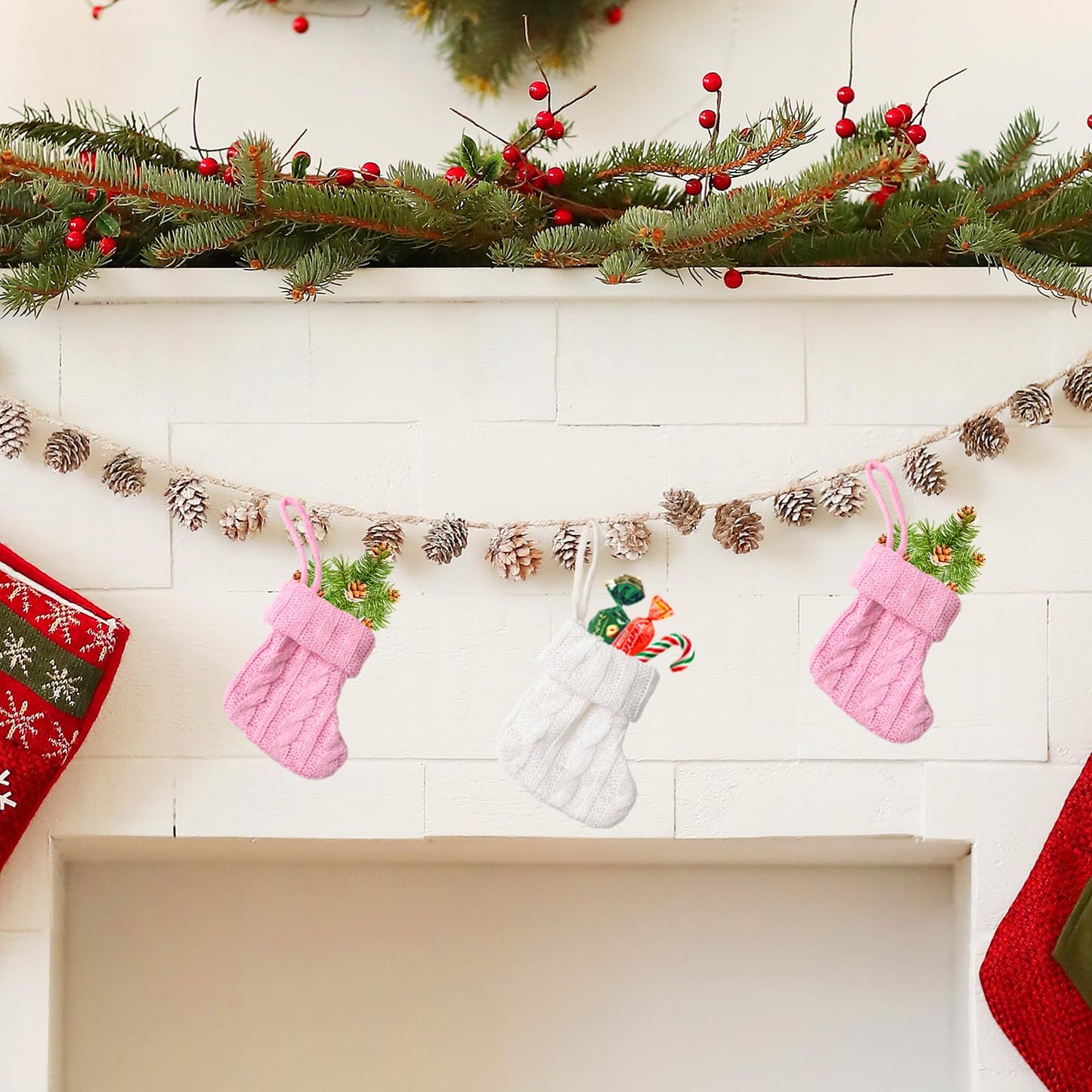 FSAIUIS 12Pcs Mini Knitted Christmas Stockings,Small White and Pink Knit Hanging Stocking for Fireplace Family Home Party Decorations