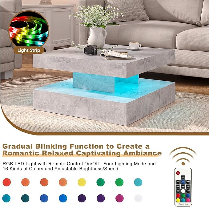 HedoAjim Grey LED Coffee Table for Living Room, Living Room Table 2-Tier Square