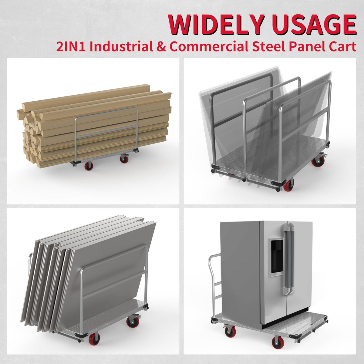 Extra Large Steel Panel Cart Dolly, 2IN1 Heavy Duty Drywall Lumber Truck with 3000 LBS Capacity, 44 x 28 inch 2MM Steel Plate Drywall Cart with 6" Swivel Brake Wheels, 1Front and 3Side Handrials
