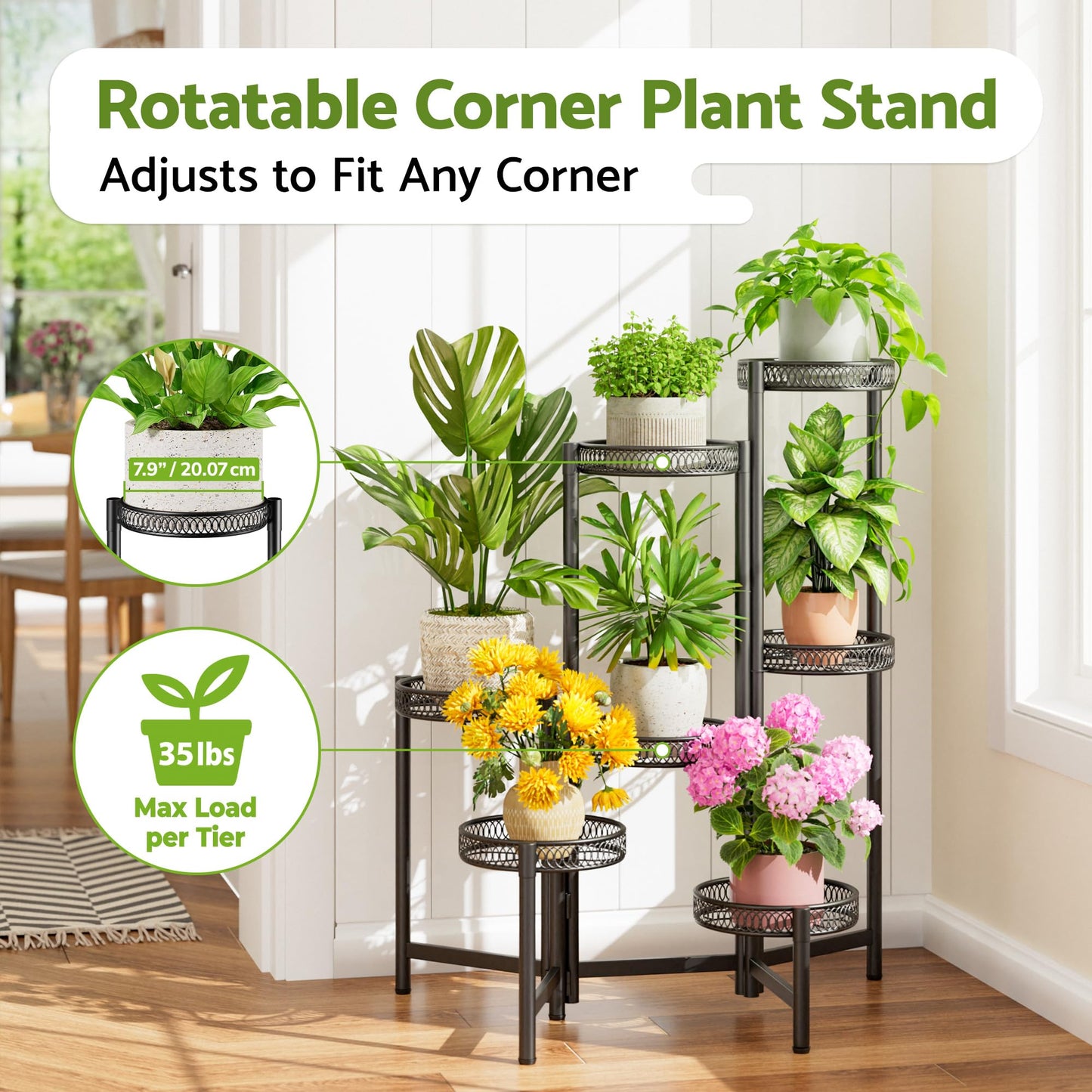 NQW Plant Stand Indoor Outdoor, 7 Tier Large Plant Stand with 7.9-Inch Wide Drainage Tray, Tiered Corner Metal Iron Flower Display Holder Shelf, Folding Tall Rack for Patio Balcony Porch - BlackFlower