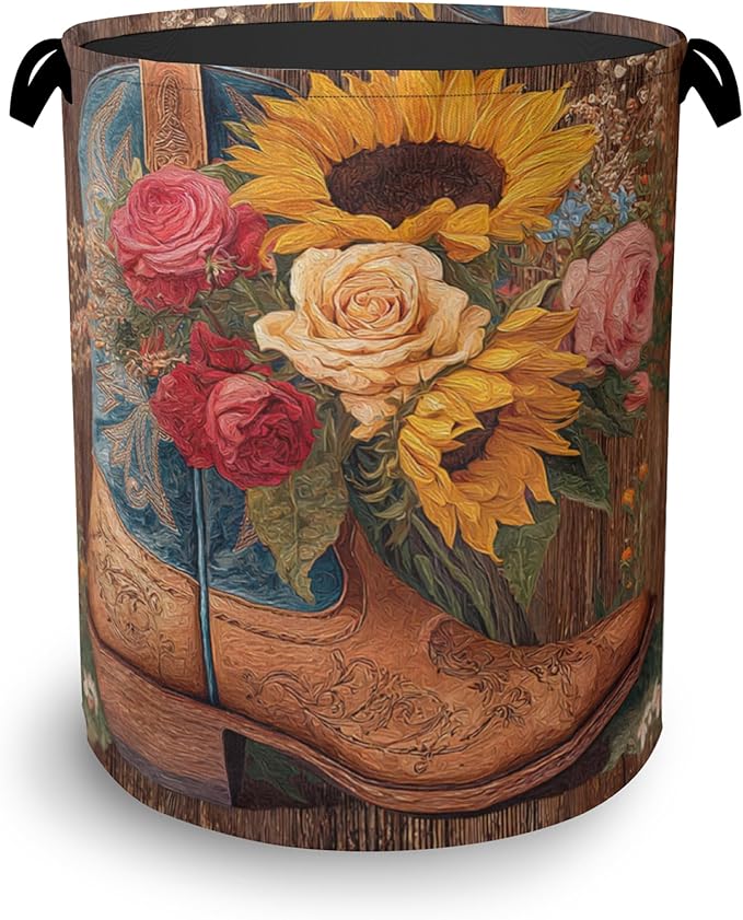 Cowboy Boots Laundry Basket, Wooden Sunflowers Foldable Oxford Cloth Tote Bag
