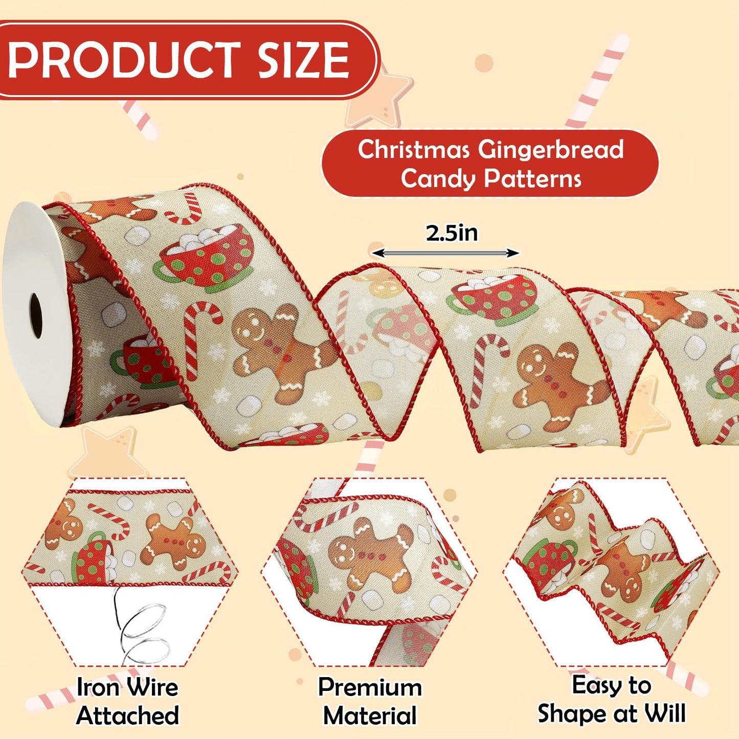 JarThenaAMCS Christmas Wired Edge Ribbon Gingerbread Candy Cane Craft Ribbon 2.5 Inch x 12 Yard Xmas Winter Fabric Ribbons for Wreath Bow DIY Wrapping Party Decor