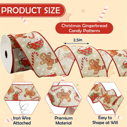 JarThenaAMCS Christmas Wired Edge Ribbon Gingerbread Candy Cane Craft Ribbon 2.5 Inch x 12 Yard Xmas Winter Fabric Ribbons for Wreath Bow DIY Wrapping Party Decor