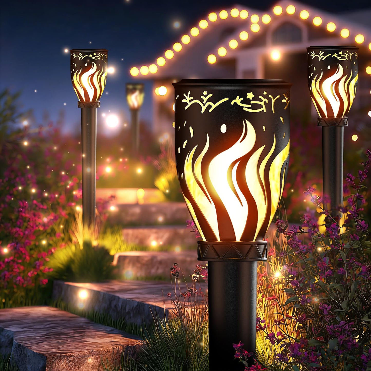 MrCrafts Nature Solar Lights Outdoor 4 Pack - 40'' Solar Powered Pathway Lights with Flickering Flame, Ideal for Gardens, Pathways, Patio, Balcony, Pool - Christmas, Halloween & Year - Round Decor