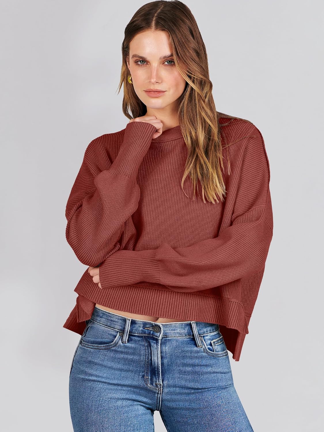 ANRABESS Womens Cropped Sweaters Oversized Crewneck Long Batwing Sleeve Side Slit Ribbed Knit Pullover Tops 2025 Fall Clothes