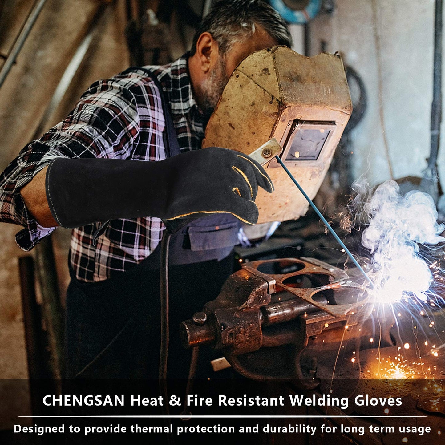 chengsan Extreme Heat & Fire Resistant Gloves Leather with Kevlar Stitching,Perfect for Fireplace, Stove, Oven, Grill, Welding, BBQ, Mig, Pot Holder, Animal Handling, Black-Grey