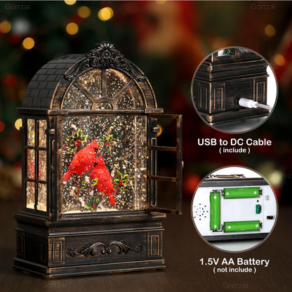 Gorrzai Cardinal Snow Globe Lantern Christmas Snow Globes Arched Window Shape Christmas Decorations Indoor for Home Timer Christmas Music Box, USB and Battery Powered