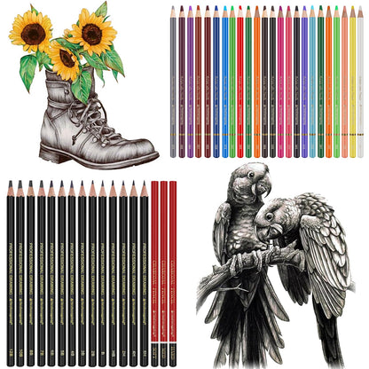 Sketching Drawing Art Pencil Kit-50 Piece Set with 24 Color Pencils for Adult Kid Coloring Books, 14 Graphite 3 Charcoal Erasers Etc., Artist Supplies Ideal for Adult, Kid,Student, Beginner