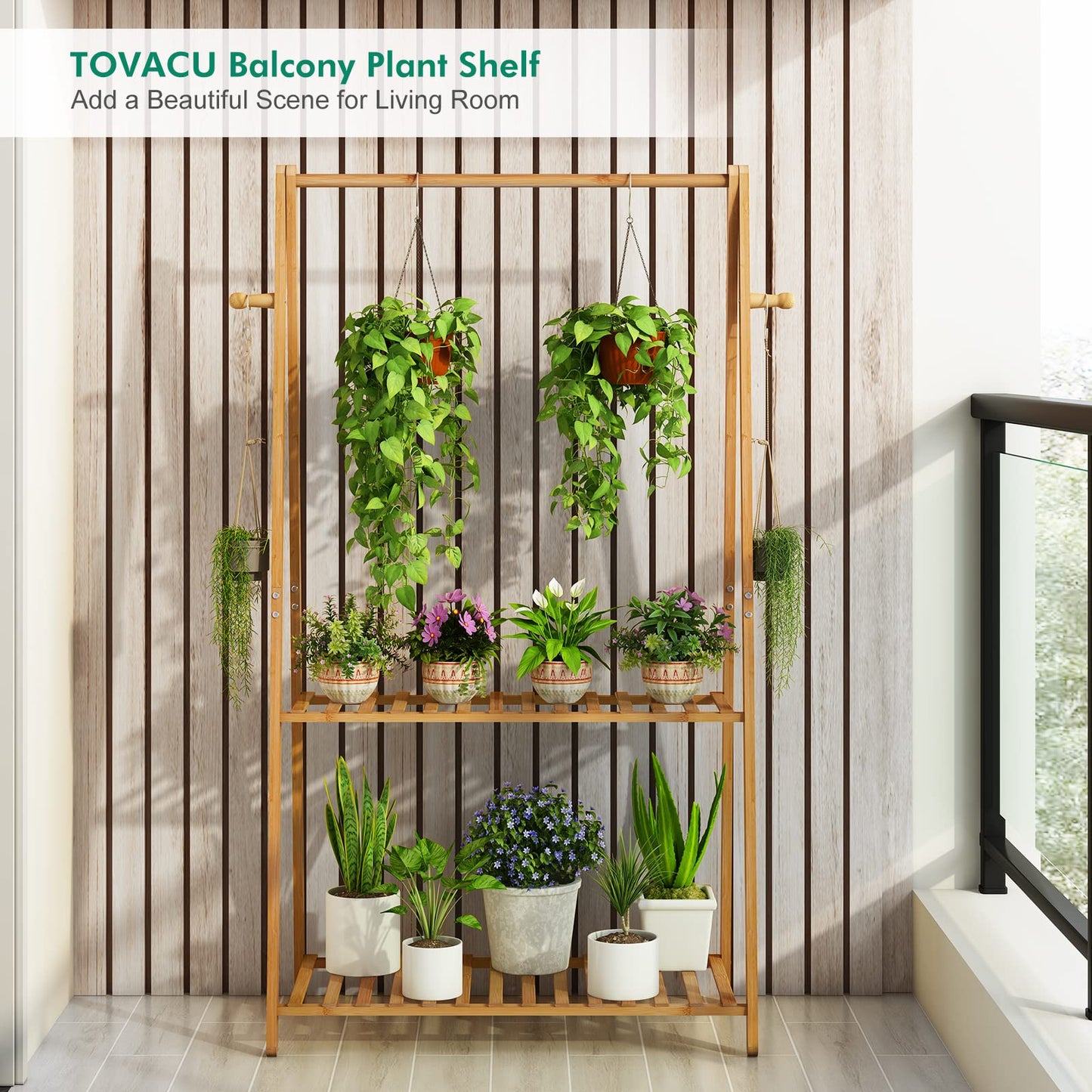 Tovacu Hanging Plant Shelf Indoor Outdoor Plant Stands Wood Flower Stand 2 Tiered Bamboo Plant Shelves Holder Rack for Patio Balcony Garden (Tall,50 inch)