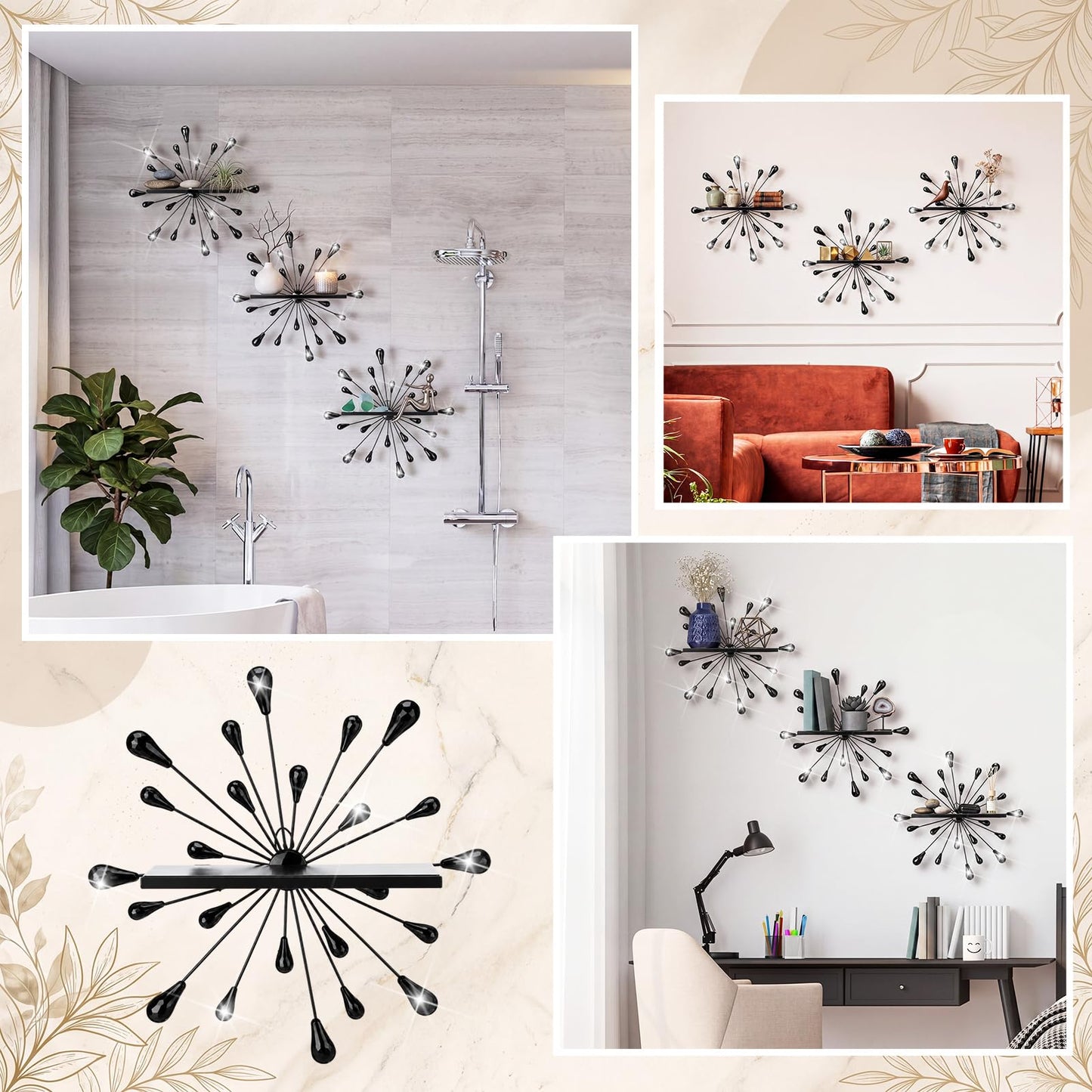Yaocom 3 Pcs Bling Crystal Floating Shelves Metal Starbursts Wall Decor Folding Shelf Black Corner Shelves Hanging Wall Mounted for Storage Bedroom Bathroom Living Room Kitchen Office Home Decoration