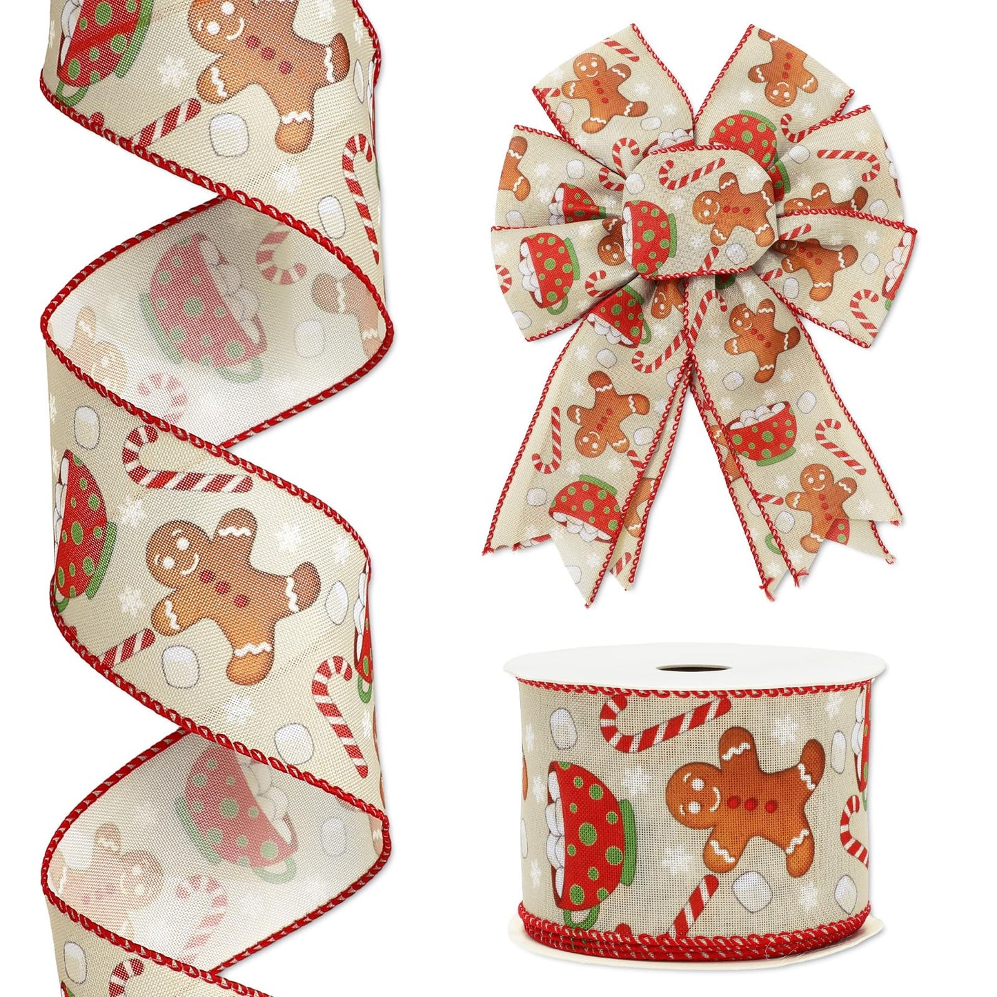 JarThenaAMCS Christmas Wired Edge Ribbon Gingerbread Candy Cane Craft Ribbon 2.5 Inch x 12 Yard Xmas Winter Fabric Ribbons for Wreath Bow DIY Wrapping Party Decor