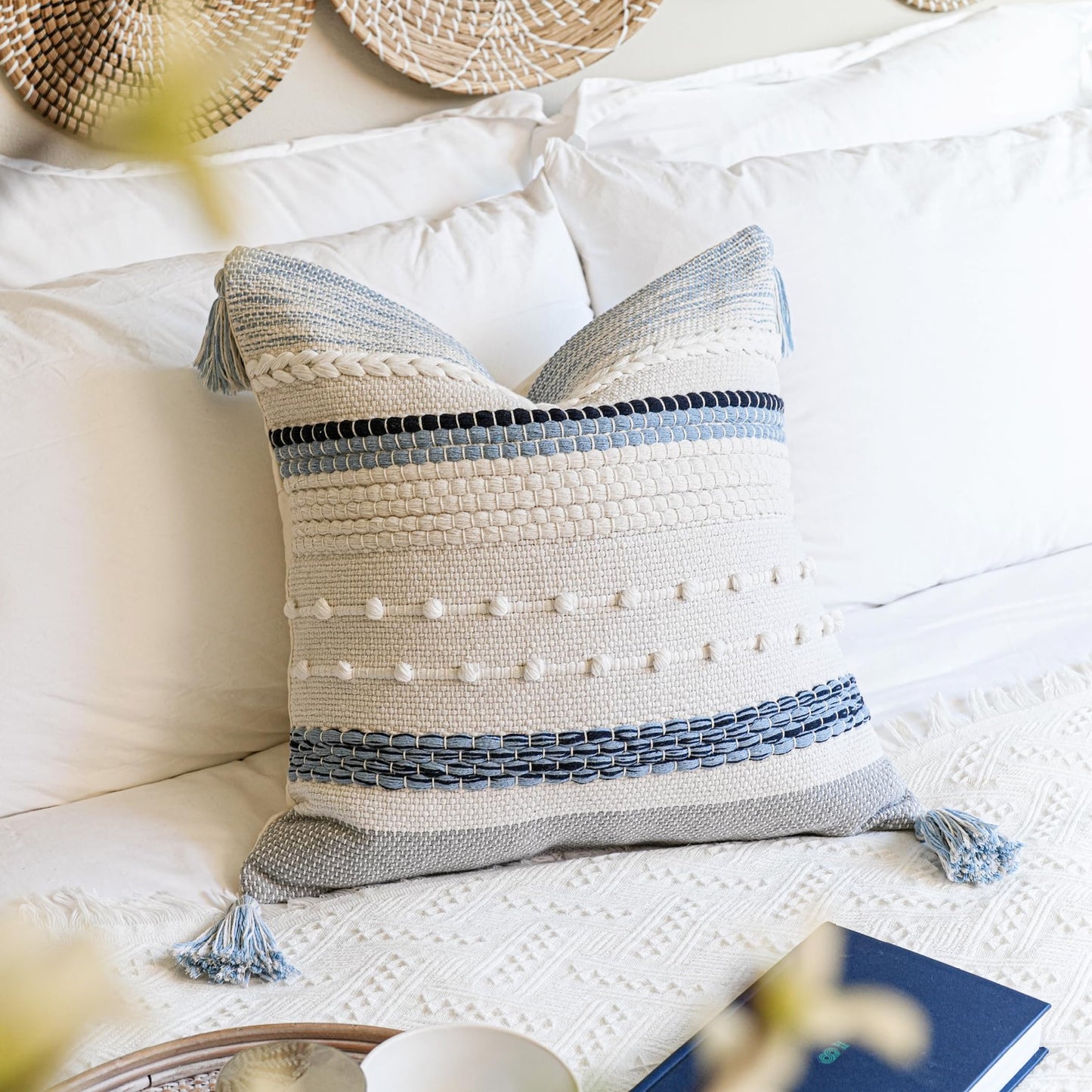 BlissBlush Coastal Blue Boho Decorative Throw Pillow Cover 22x22 Modern Bohemian Accent Pillow Case Square Woven Textured Farmhouse Pillows for Couch Bed (Pack of 1)
