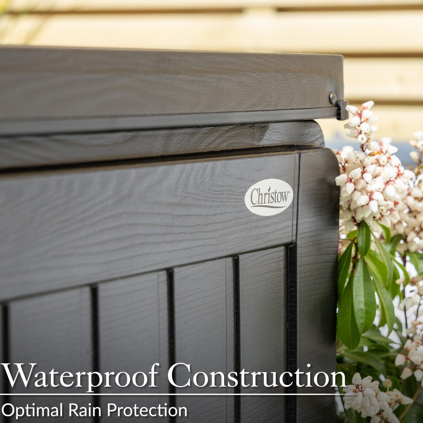 CHRISTOW Waterproof Garden Storage Box With Lockable Lid, Plastic Wood Effect Outdoor Storage Box, Aluminium Hinges, 190L