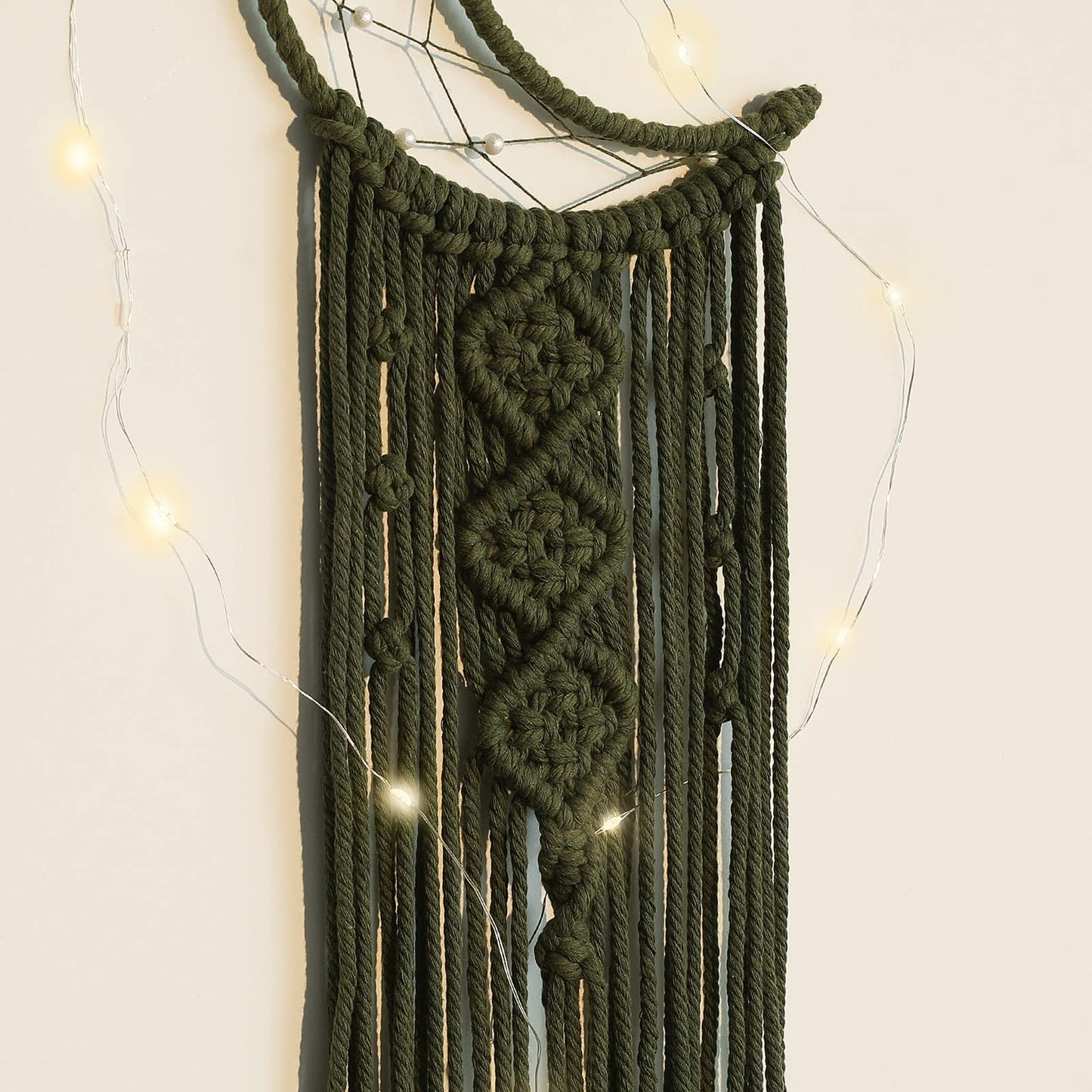 Boho Macrame Woven Wall Hanging for Kids, Crochet Crescent Moon Star Dream Catcher with Long Tasselt, Olive Cotton Handmade Bohemian Home Decor Decoration for Nursery Bedroom Dorm Room