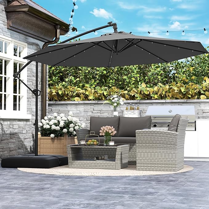 Tangkula 10ft Solar LED Patio Umbrella with Base, Offset Cantilever Outdoor Umbrella with 32 LED Lights, Infinite Tilt, 360 Degree Rotation, Crank Handle for Pool Deck Garden Backyard (Gray)