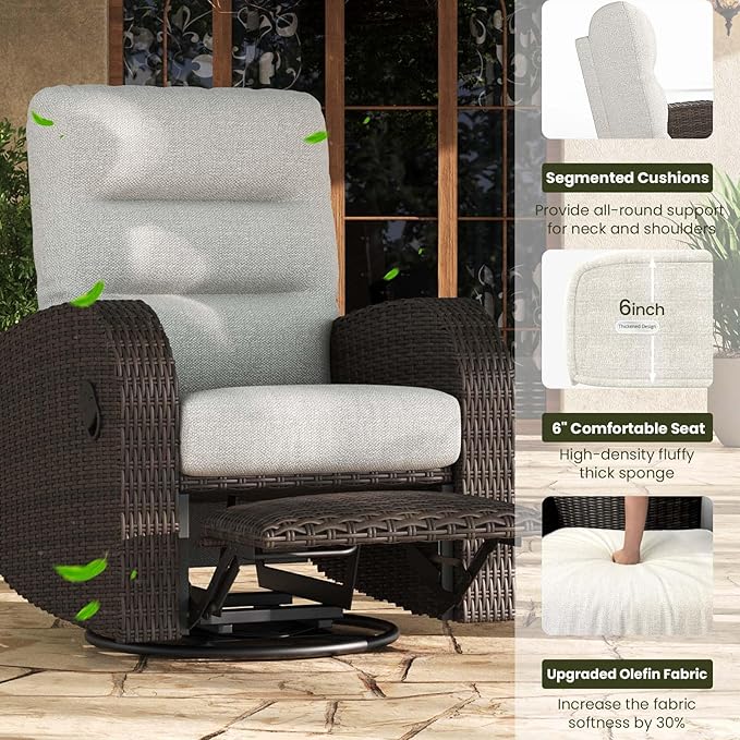 LayinSun Oversized Wicker Outdoor Swivel Glider Recliner with Adjustable Backrest & Footrest, Patio Reclining Lounge Chair