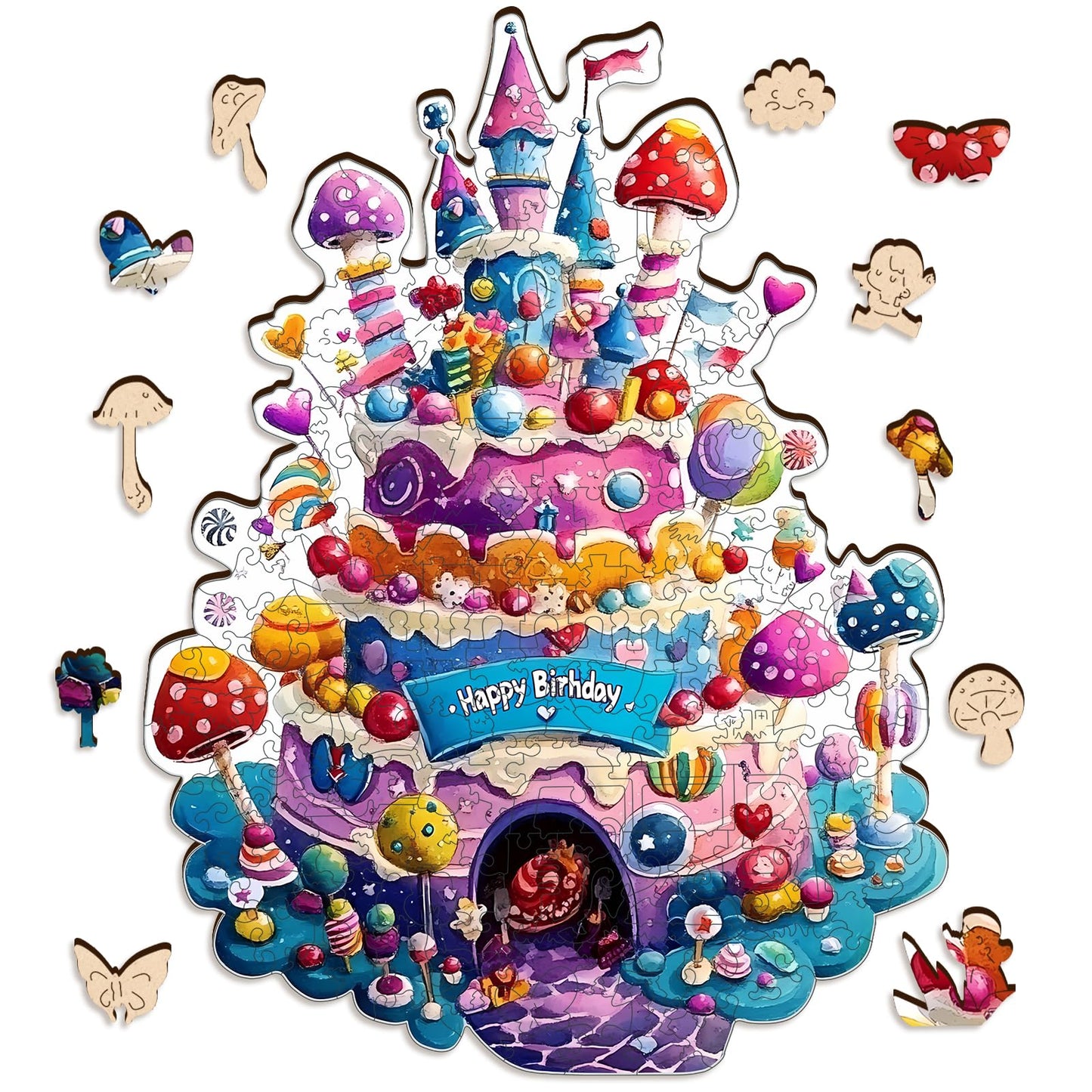 Mocfesk Birthday Cake Wooden Puzzles, Unique Shaped Wooden Jigsaw Puzzles for Kids, Small Puzzles for Grandkids, Birthday Gifts Family Games Home Decor 11.4 x 8.6 in