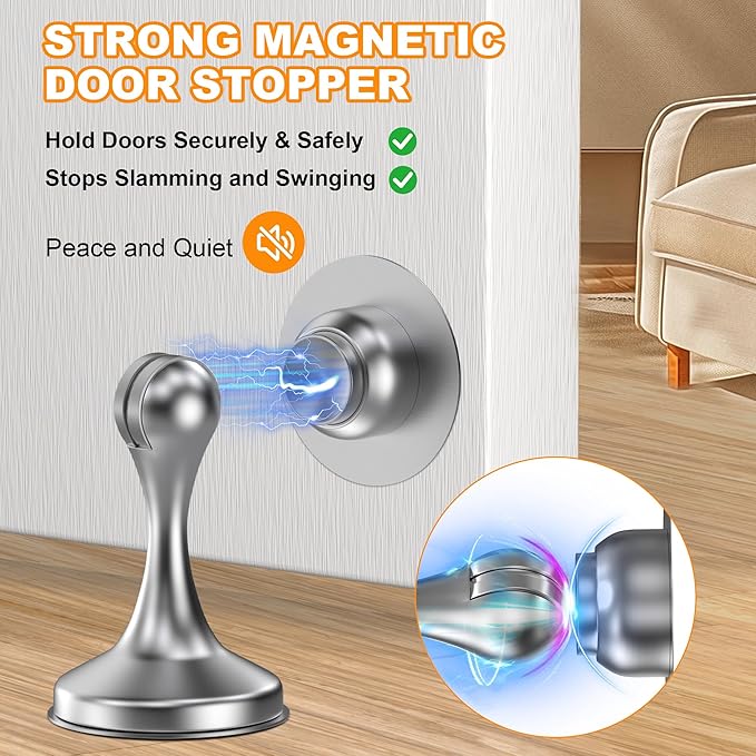 Crosize Magnetic Door Stoppers 4 Pack, Stainless Steel Door Stops for Wall and Floor Mounting, Door Holder Keep Door Open, No Drilling Door Stop with Adhesive Tapes, Silver