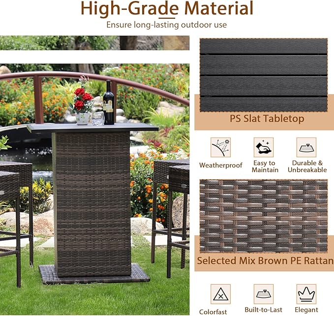 Tangkula 5 Piece Outdoor Rattan Bar Set, Patio Bar Furniture