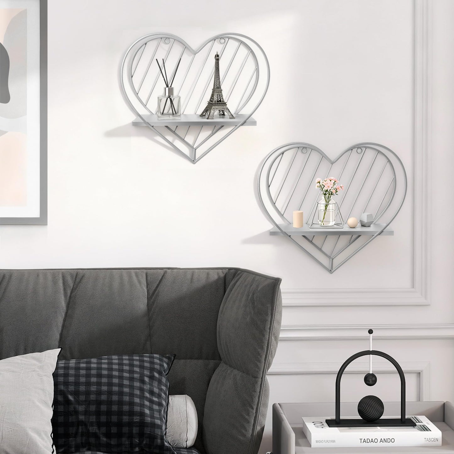 Afuly Wall Shelf Metal Grey Floating Shelves Heart Design Small Shelf Storage Rack Modern Romantic Farmhouse Style Cute Fancy Unique Nursery Room Bathroom Bedroom Wall Decor