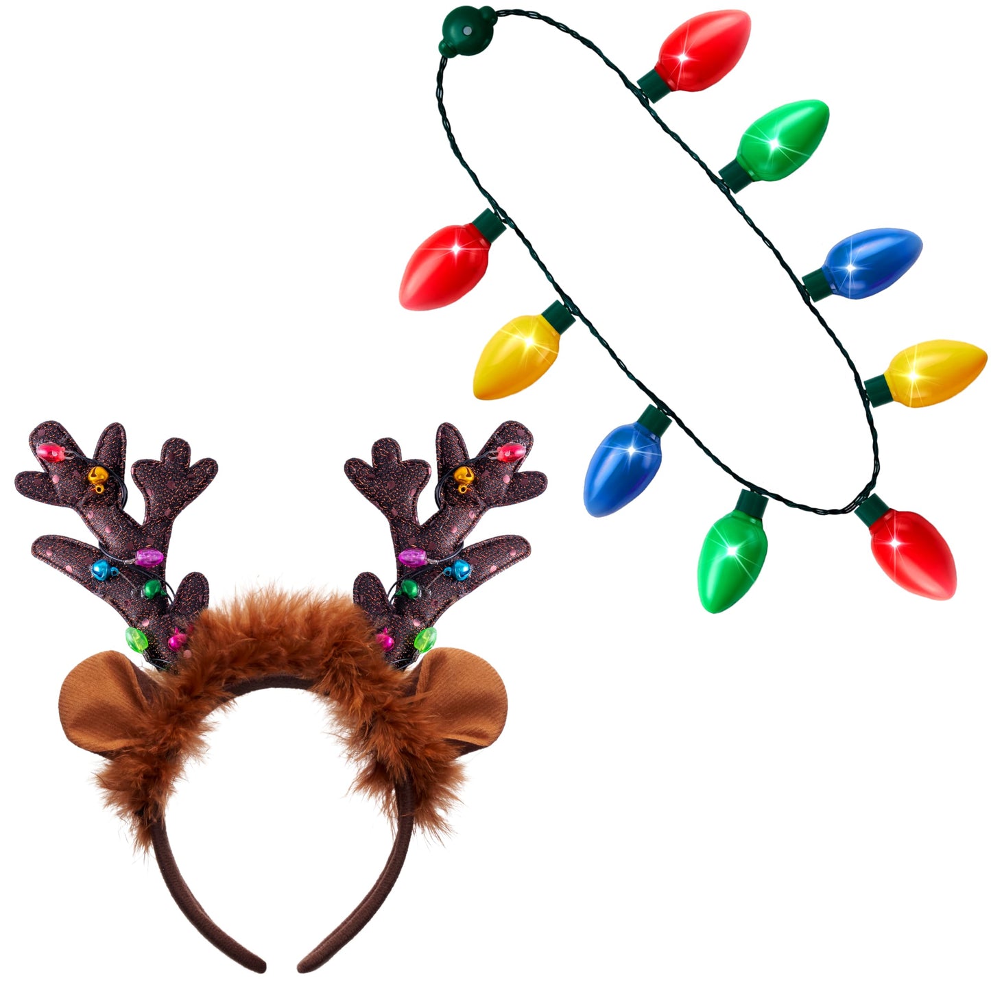 JOYIN 2PCS Christmas LED Necklace and Reindeer Headband, Light Up Necklace with 9 Bulbs, Christmas Headwear and Holiday Parties Xmas Costume Accessories Party Favors.