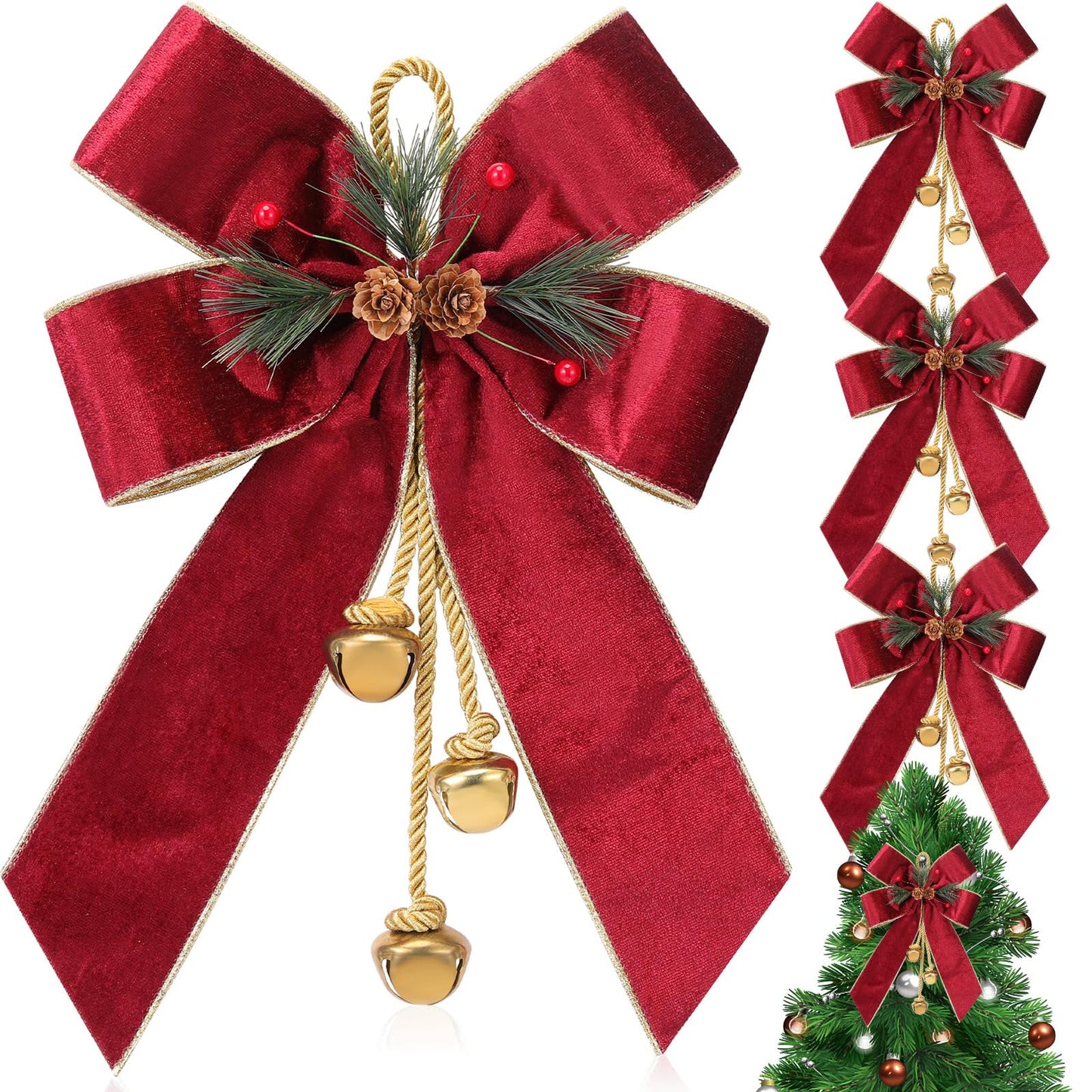 Yinkin Christmas Tree Wreath Bow Christmas Ribbon Bows with Bells 11 x 7.8 in Velvet Pine Cone Bowknot Xmas Tree Hanging Ornaments Decor for Home Xmas Party Outdoor Indoor(Burgundy,4 Pcs)