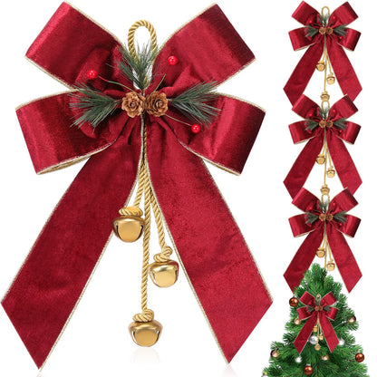Yinkin Christmas Tree Wreath Bow Christmas Ribbon Bows with Bells 11 x 7.8 in Velvet Pine Cone Bowknot Xmas Tree Hanging Ornaments Decor for Home Xmas Party Outdoor Indoor(Burgundy,4 Pcs)