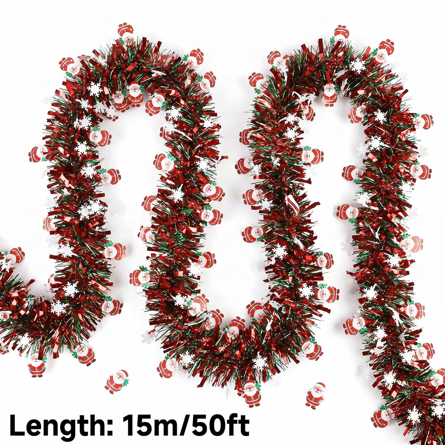 50 Feet Red Green Christmas Metallic Tinsel Twist Hanging Garland with Snowflake Santa Claus for Home Mantle Xmas Tree Staircase Railing New Year Holiday Party Indoor Outdoor Decorations