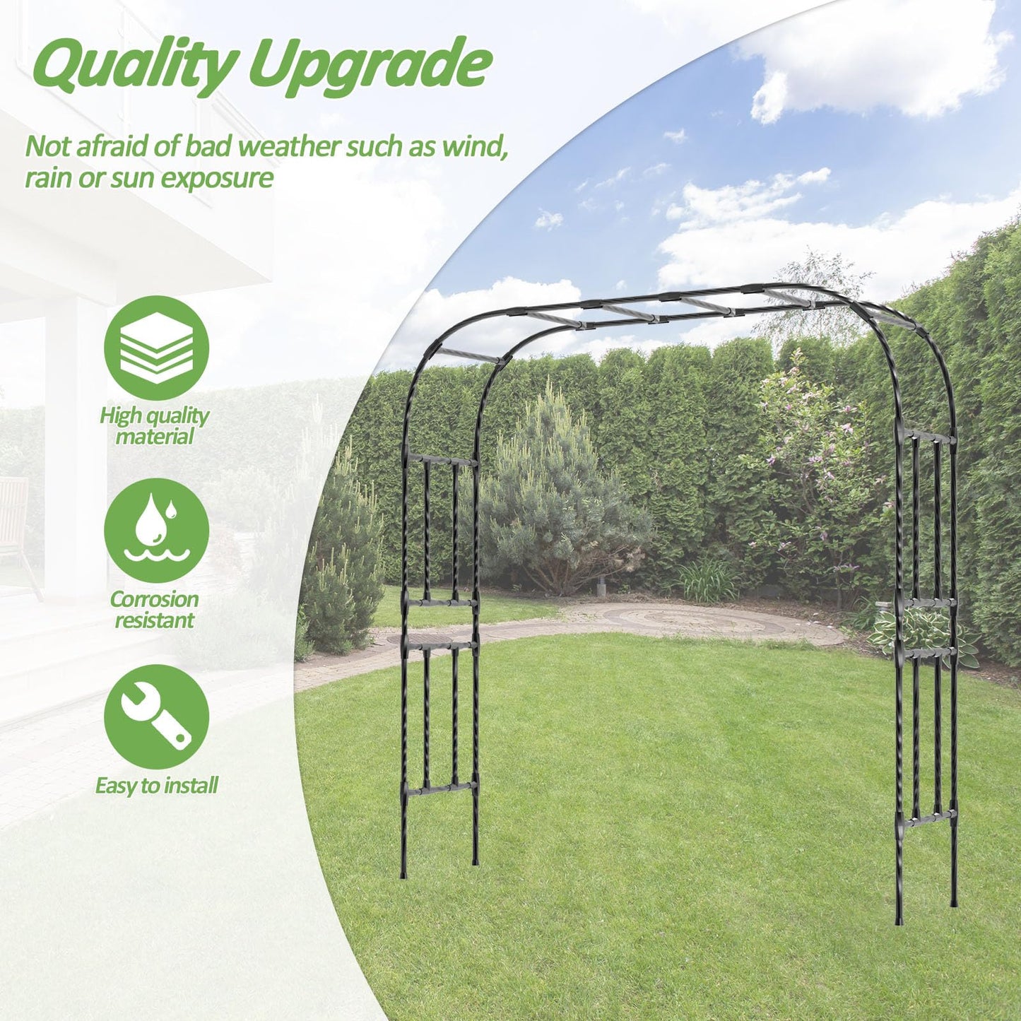 Trellume Thickened Metal Garden Arch-98.4"(L)*94.5"(H),Garden Arch Trellis for Climbing Plants Outdoor, Heavy Duty Rust-Proof Iron Arbor Archway for Backyard, Patio, Lawn and Wedding Decorations