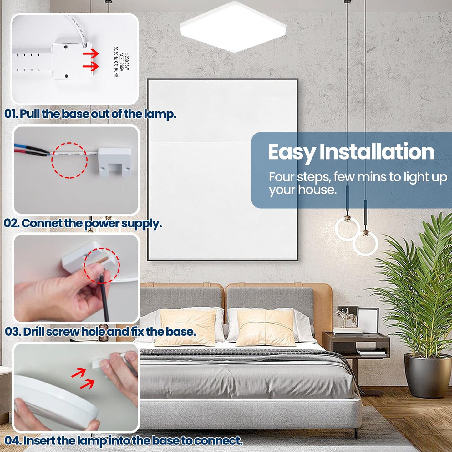 Eyesgood 2 Packs LED Bathroom Ceiling Lights 6500K 36W Square Flush Mount Office Ceiling Light Kitchen Modern White 3240LM IP44 Waterproof for Bedroom Living Room Ultra Thin