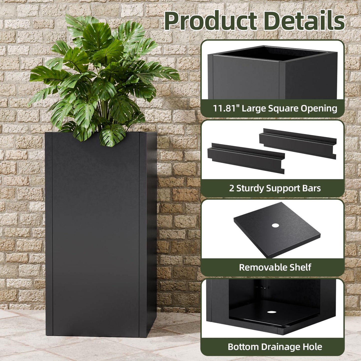 Diyfire Black Tall Metal Planters Box for Outdoor Plants 4 Pack- 23.6" H Steel Tall Square Planter with Removable Insert Shelf, Modern Heavy Duty Pedestal Planter Front Porch Decor Patio Garden