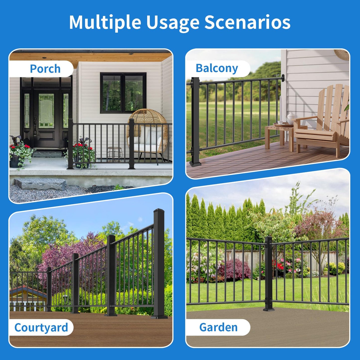 Bobolish 42" H x 4 ft. W Aluminum Porch & Deck Railing Kit, Upgrade Guardrail System with Textured Black AAMA 2604 Powder-Coat Finish for Outdoor Decks, Porches & Balconies (1 Panel)