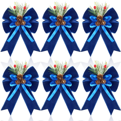 Syhood 6 Pcs Christmas Bows with Pine Cones Pine Needles Xmas Blue Velvet Bows Blue Velvet Ribbon Christmas Tree Wreath Decoration for Xmas Parties Indoor Outdoor Crafts DIY Decor